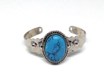 Gorgeous Vintage Estate Southwestern TURQUOISE Cabochon Silver Tone Cuff BRACELET