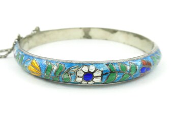 Vintage Sterling, Enamel Bracelet, Floral Design, Cloisonne, Thai, Marked Sterling 925, Safety Chain, STC6