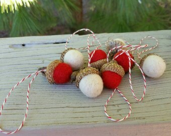 Wool Needle Felted Acorn Ornaments in Red & Off White Set of 8 Holiday Decorations