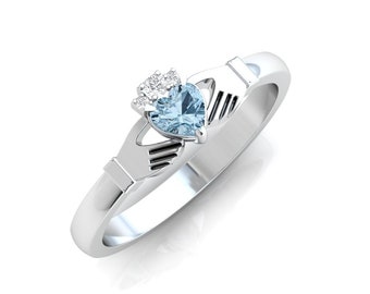 Blue topaz gemstone Claddagh ring, crafted in Ireland. Diamond and topaz claddagh ring. Irish ring.