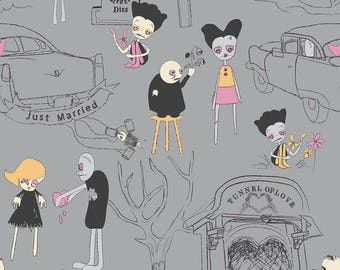 Zombie fabric by half yard, zombie love on grey cotton, zombies quilting cotton, zombie Valentine quilting fabric, Riley Blake sewing fabric