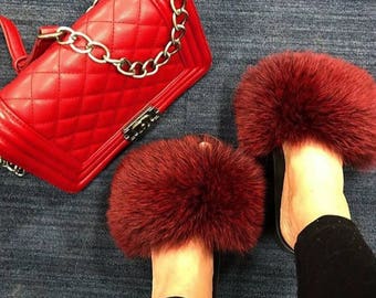 Fur slides, fur slippers, fox fur, real fur slides, slides, genuine fur slides, fur sandles