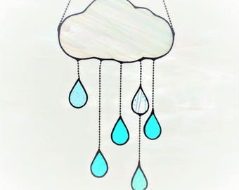 Stained Glass Puffy Cloud with Raindrops (#319)