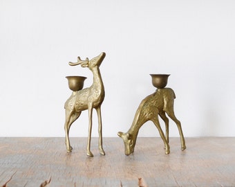 brass deer candle holders, vintage brass deer figurines, mid century brass decor