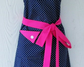 Retro Apron, Polka Dot Apron, Navy Blue Apron, Polka Dots, Navy and Pink, Vintage Style Apron, Women's Apron, KitschNStyle