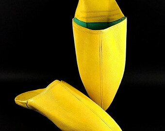 Yellow Moroccan Traditional Babouches, Slippers, Handmade Leather,