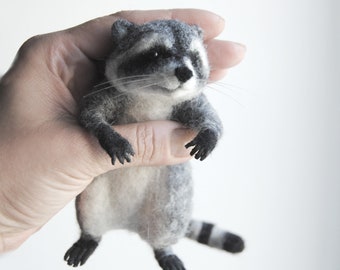 Needle Felted Raccoon Miniature, Handmade Animal, Felted Soft Sculpture - made to order
