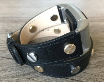 Classic Black Double Wrapped Eco Friendly Leather Bracelet For Fitbit Charge 2 Two Toned Rivets Handmade Replacement Fitbit Charge 2 Band