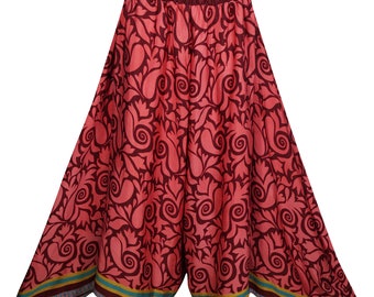 Boho Chic Peach Maroon Recycled Silk Sari High Waist Split Skirts Printed Wide Leg Divided Long Maxi Skirts S/M