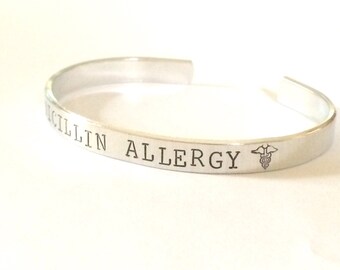 Medical alert bracelet - Hand stamped- Allergy Bracelet - Custom made to your medical alert