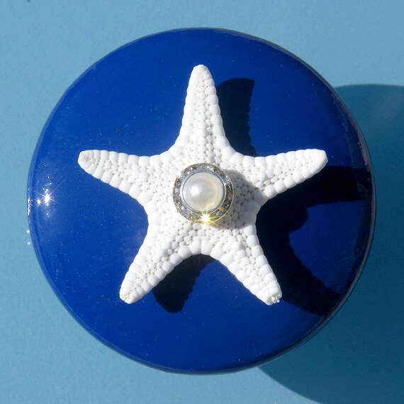 Knobs with Starfish, Swarovski Crystal and Pearl Rhinestone - Navy Blue
