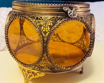 Rare Vintage Extra Large Gold and Amber Jewelry Casket Ormolu 6 Sided Beveled Glass Footed