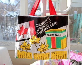 Upcycled Vintage 1991 Calendar Tote, 16"x13", vintage wall calendar, 1991 calendar, grocery tote bag, library tote bag, OOAK, buctril weeds