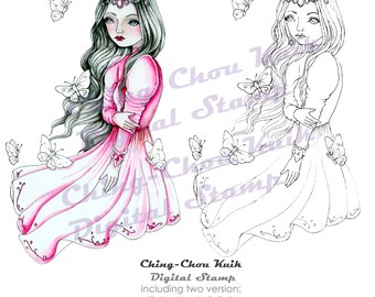 Butterflies Fly - PRINTABLE Instant Download Digital Stamp / Butterfly Gem Goddess Lady Woman Girl Art by Ching-Chou Kuik