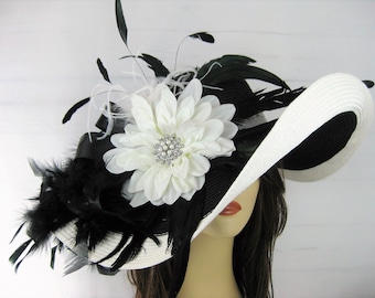 Black White Extra Wide Brim Floppy Kentucky Derby Straw Hat Jeweled Flower Feather