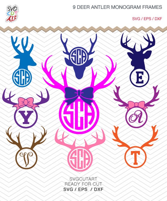 Download 9 Deer Antler Monogram Frames DXF SVG EPS for Cricut Design