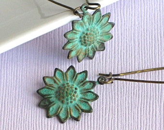 Sunflower Earrings - Verdigris, Patina Jewelry, Nature Jewelry, Garden Jewelry, Flower Earrings, Floral Jewelry
