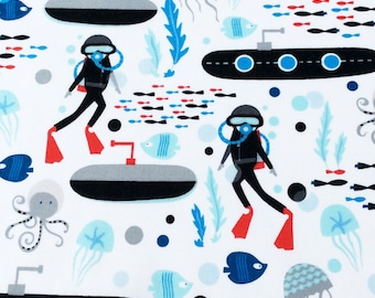 Fabric, Come Dive With Me on White, Scuba Divers Submarines, Octopus, Windham Fabrics, One Yard or More