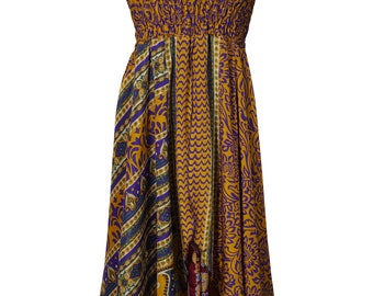 Two Layer Recycled Vintage Silk Sari Dress Halter Neck Sexy Resort Fashion Printed Sundress