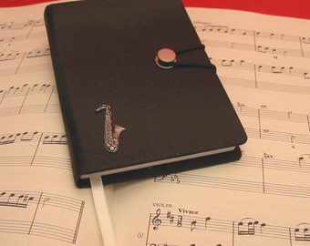 Saxophone Hand Cast Pewter Motif on A6 Black Journal Music Teacher Gift Saxophonist Gift Christmas Gift