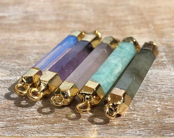 Faceted Gemstone Bar Connector, Bar Pendant, Labradorite, Amazonite, Rose Quartz, Opalite, Amethyst, Gold dipped Bar Tube, Charm, Supplies