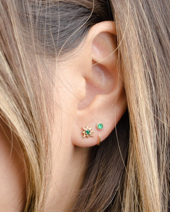 Tiny Lab Emerald Hug Hoops Sterling Silver Gold Plated