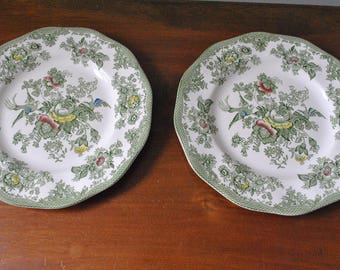 Set of 2 Green Transferware Plates in the Kent Green Multicolor Pattern by Wedgwood