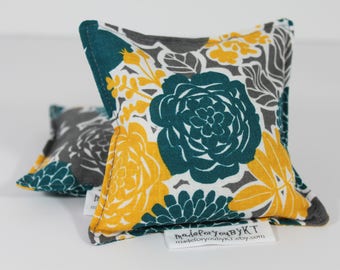 Hand Warmer Rice Bags - 4 x 4 inches, set of 2, hot or cold therapy pack, gray, yellow, teal, floral pattern, heating pad, small rice bag
