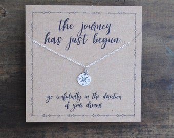 READY TO SHIP . Tiny Compass Graduation Necklace . Graduation Gift . The Journey Has Just Begun Necklace . inspirational necklace