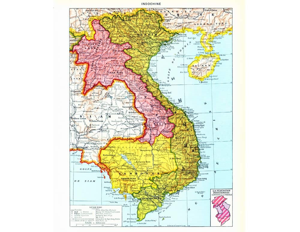 1933 Carte d'Indochine Planche Originale Atlas