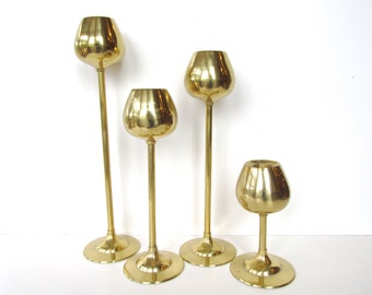 Set of 4 Mid Century Modern Brass Tulip Candlestick Holders, Hollywood Regency Candle Sticks, Golden Centerpiece