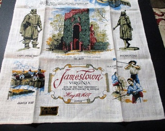1970 's Kay Dee Hand Prints Pure Linen Jamestown Virginia Souvenir Tea Kitchen Towel