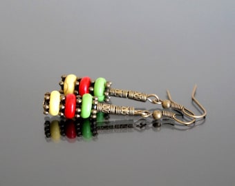 Earrings red, green and yellow.