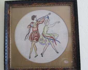 Vintage Petit Point 1920's Flappers in Frame from Hungary