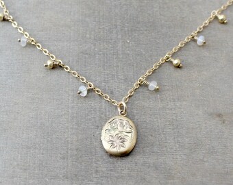 October Birthstone Locket, Gold Dangle Choker, Gold Opal Locket, Gold Photo Locket, Dangle Choker, Push Present for Her Gold Fringe Necklace