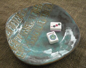Blue Mahjong Pottery - Large Mahjong Bowl - Oriental Serving Dish - Oriental Pottery - Chinese Pottery - Gift Idea - Mahjong Dish