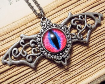Pink and Silver Batwing Eyeball Necklace