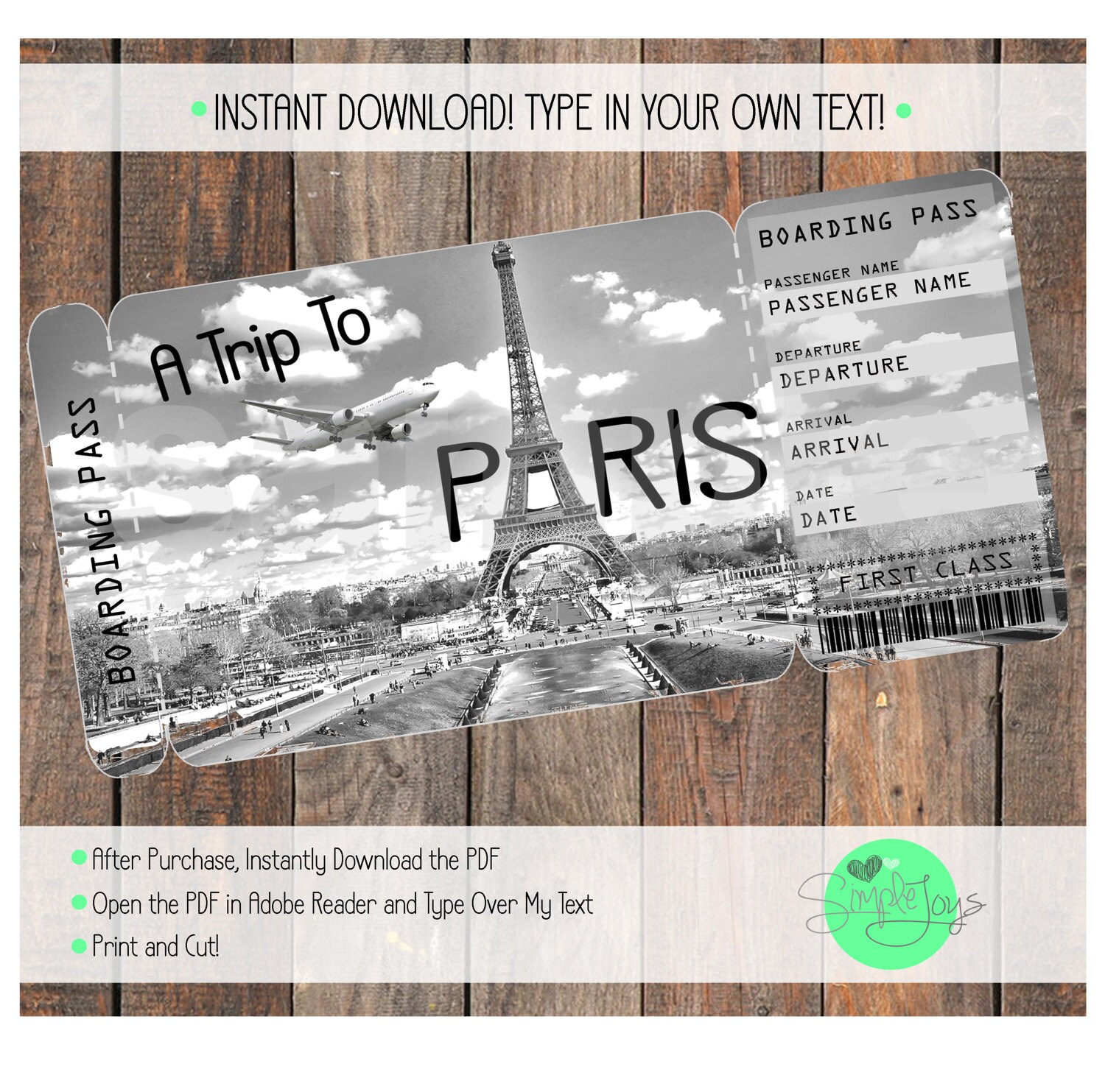 Printable Ticket to Paris Boarding Pass Customizable