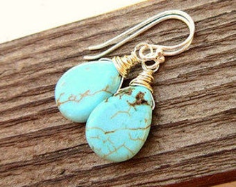 Turquoise Earrings Dangle. Sterling Silver Wire Wrapped Turquoise Howlite Dangle Earrings. Teardrop Turquoise Earrings. Turquoise Jewelry