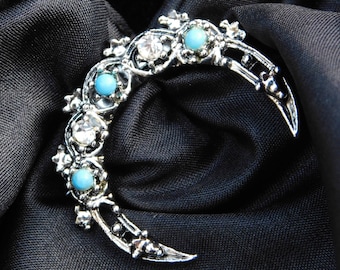 Vintage Gerry's Crescent Moon Brooch ∙ Silver Toned Metal with Rhinestone and Faux Turquoise ∙ Vintage Moon Pin ∙ Moon Jewelry