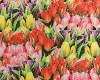 Solid cotton fabric tulips flower meadow - 100% pure cotton