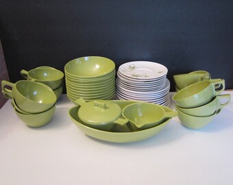 Vintage Sun Valley Melmac Dishes Cups Saucers Serving Bowl Sugar Bowl and Creamer 45 Pieces Olive Green