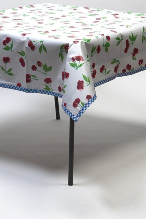 Oilcloth Tablecloth Cherry White with Gingham Blue Trim