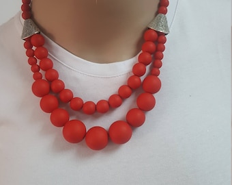 FREE SHIPPING-Statement necklace. Double red necklace.Short silicon necklace. Chunky boho necklace.