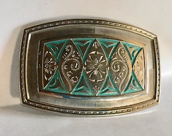 Vtg 1970's etched southwestern belt buckle flowers turquoise color