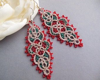Christmas gift idea, Lace tatting earrings, tatted jewelry, long tatting earrings, Clothing Gift , handmade jewelry, frivolite.