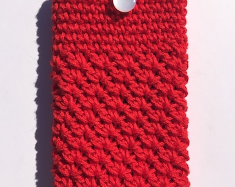 Candy Apple Red Crocheted Mobile Phone Case Sleeve with Button