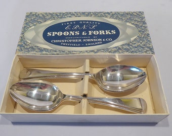 Boxed Set of Six Vintage Silver Plated Dessert Spoons, Old English Pattern, Made in England