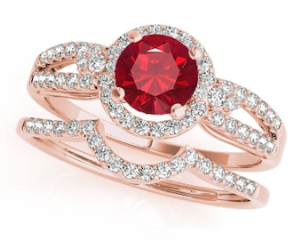 1.25 Ct. Halo Ruby And Diamond Engagement Bridal Set In 14k Gold