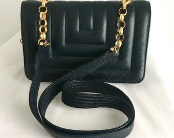 Vintage Quilted Navy Leather Bag with Gold Chain Strap by Jay Herbert by Sharif